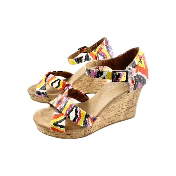 Toms Womens Sienna Cork Wedge Sandals Size 8.5 Multicolor Ikat Aztec Boho Summer - Picture 3 of 8